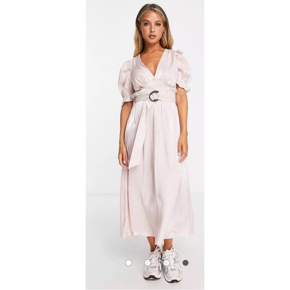 ASOS River Island belted midi dress with puff sleeves in light pink - Picture 4 of 5